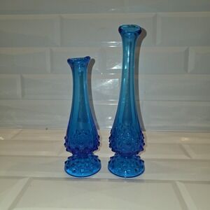 Vintage Pair Fenton Bud Vases- Fenton Glass Blue Hobnail Swung Bud Vase